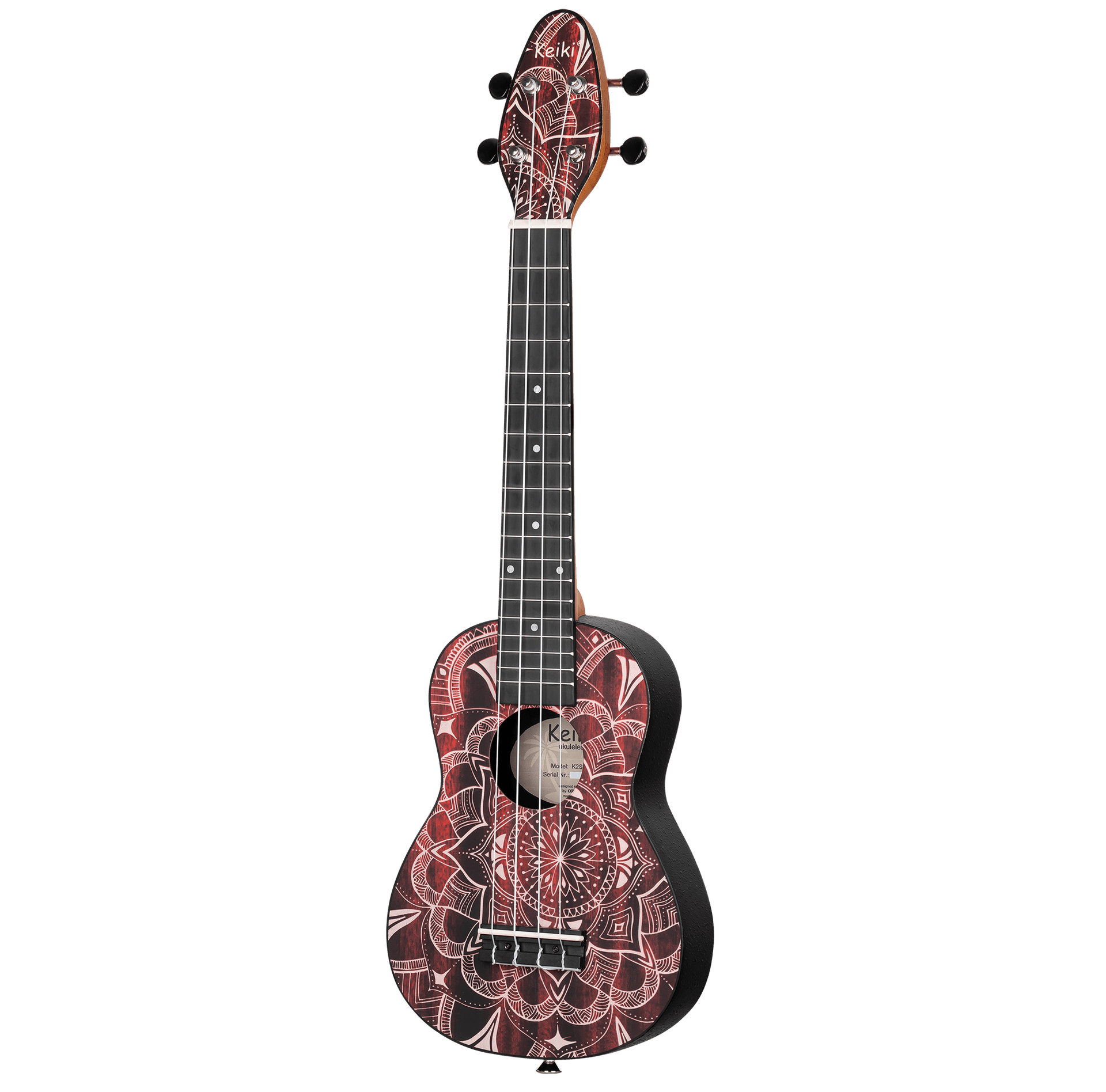 SET DE UKELELE SOPRANO 13", KEIKI, TAPA SUPERIOR AGATHIS, CUERPO ABS, DIAPASÓN Y PUNTE ABS, MÁSTIL OKOUME, COLOR CALEIDOSCOPIO ROJO, ACABADO SATINADO, INCLUYE AFINADOR,CORREA,VITELA Y BOLSA DE TELA - Miniatura 4