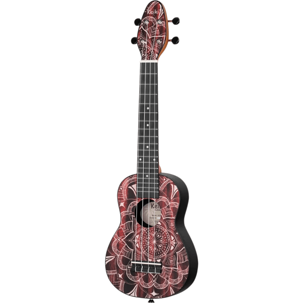 SET DE UKELELE SOPRANO 13", KEIKI, TAPA SUPERIOR AGATHIS, CUERPO ABS, DIAPASÓN Y PUNTE ABS, MÁSTIL OKOUME, COLOR CALEIDOSCOPIO ROJO, ACABADO SATINADO, INCLUYE AFINADOR,CORREA,VITELA Y BOLSA DE TELA - Miniatura 6