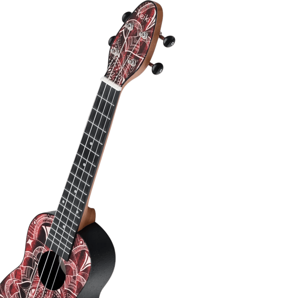 SET DE UKELELE SOPRANO 13", KEIKI, TAPA SUPERIOR AGATHIS, CUERPO ABS, DIAPASÓN Y PUNTE ABS, MÁSTIL OKOUME, COLOR CALEIDOSCOPIO ROJO, ACABADO SATINADO, INCLUYE AFINADOR,CORREA,VITELA Y BOLSA DE TELA - Miniatura 9