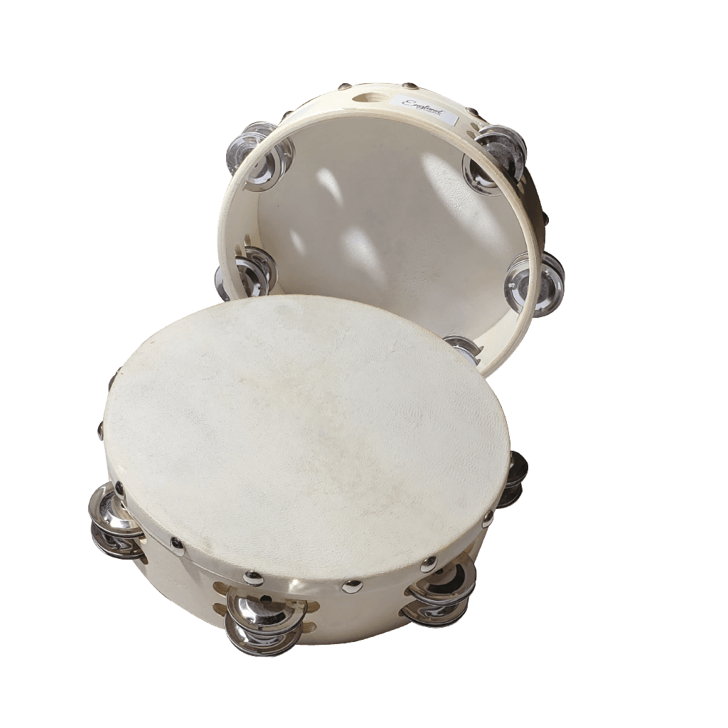 PANDERETA 8" REDONDA CON PARCHE, COLOR NATURAL, 12 PARES DE SONAJEROS DE LATON