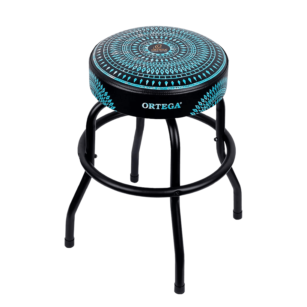 TABURETE ALTO, CON ASIENTO GIRATORIO ACOLCHADO PARA SHOW EN VIVO, METALICO, COLOR AZUL CALEIDOSCOPIO