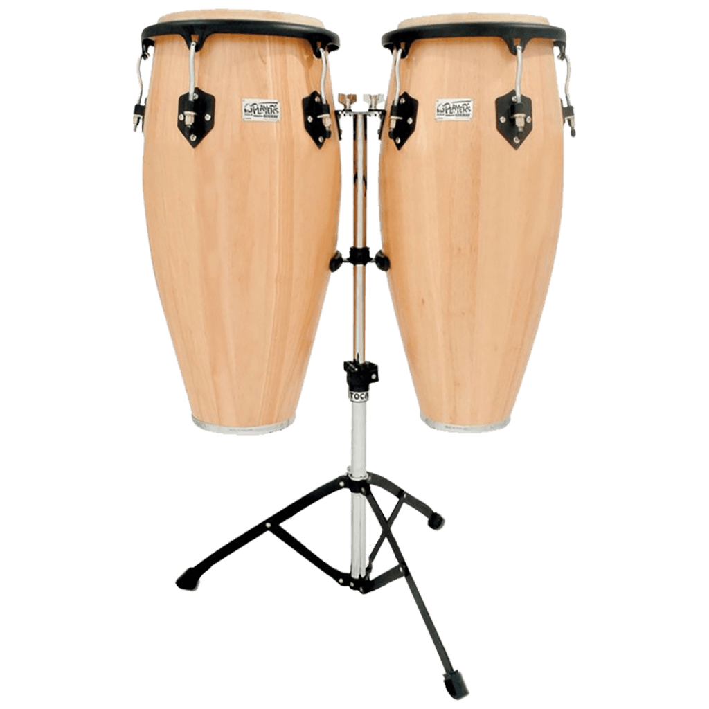SET DE CONGAS 10 - 11" DE MADERA ROBLE, COLOR NATURAL, INCLUYE SOPORTE CROMADO