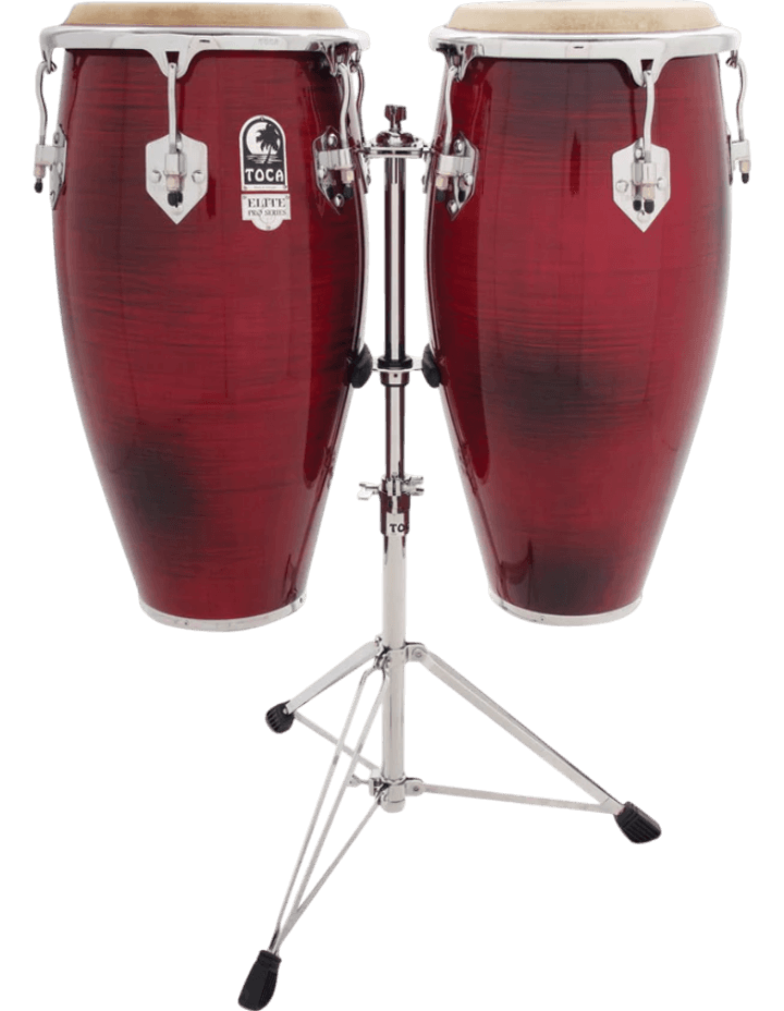 SET DE CONGAS 11 - 11.75" DE MADERA MAPLE, SERIE ELITE PRO, COLOR CONCHO DE VINO, INCLUYE SOPORTE CROMADO - Miniatura 2