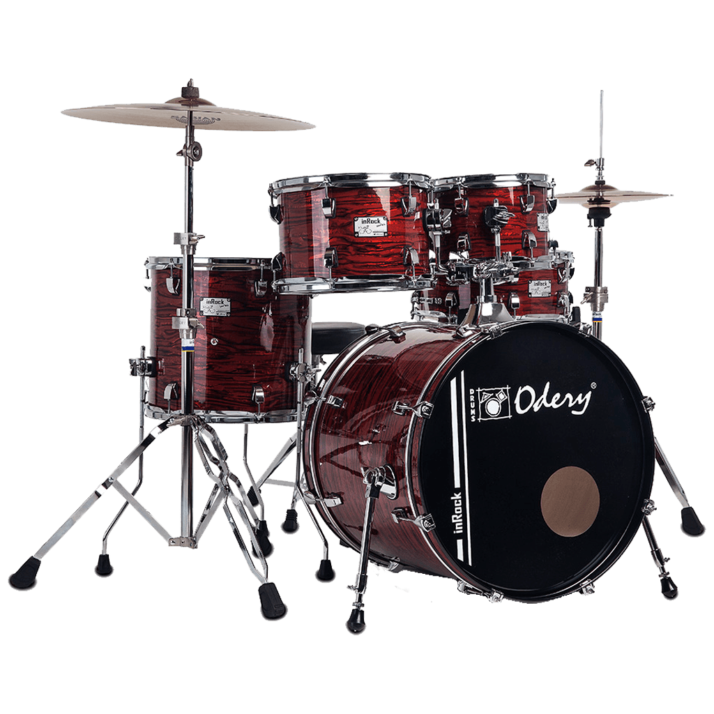 SET DE BATERIA ACUSTICA, SERIE IN ROCK, MADERA DE TILO, COLOR BLACK TIGER, PEDAL CON DOBLE CADENA, INCLUYE 3 PEDESTALES