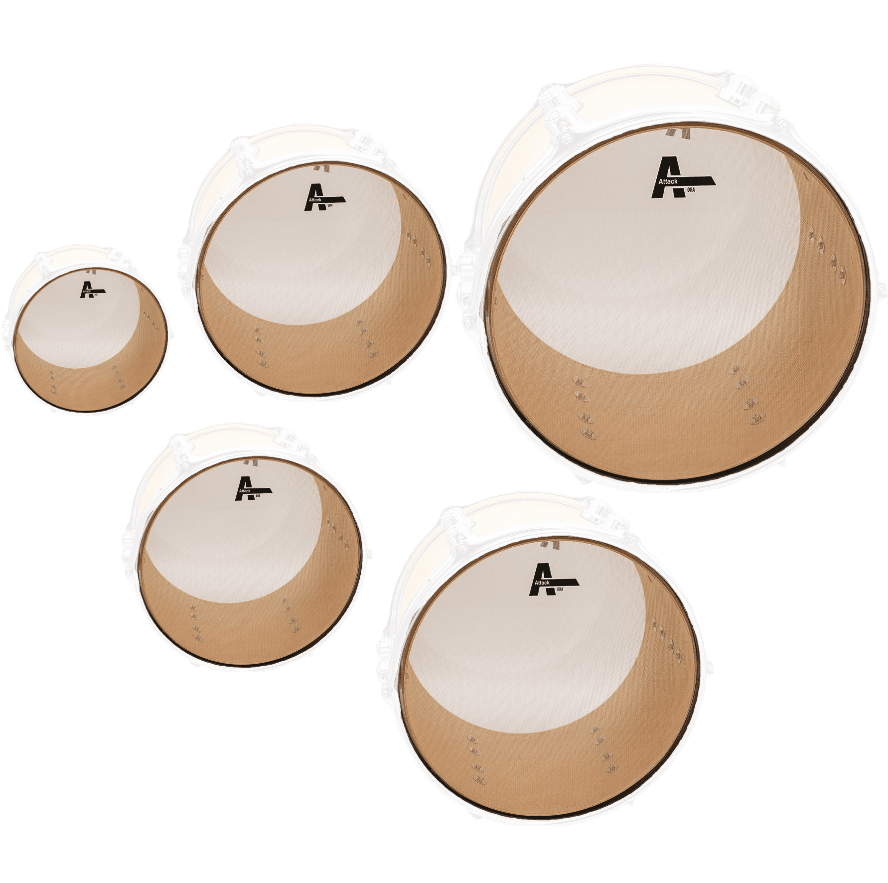 SET DE PARCHES 10", 12", 14",16" Y 22" PARA PRACTICA, ARO DE ALUMINO Y MALLA DE NYLON, NO TIENEN SONIDO