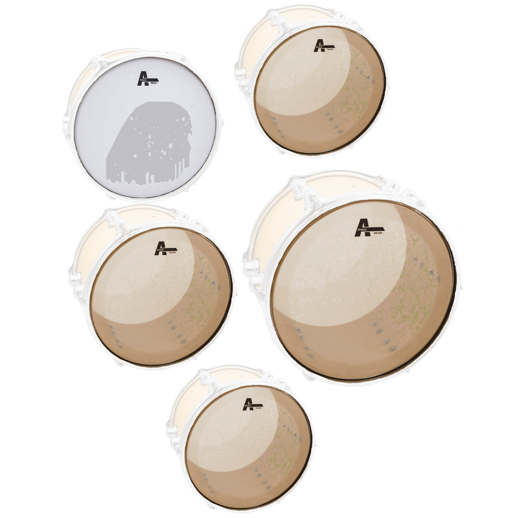 SET DE PARCHES PARA BATERIA CONFIGURACION 12",13",16", 22" SERIE DHTS2 DOBLE CAPA TRANSPARENTE + 14" RUGOSO SERIE DHA DE UNA CAPA