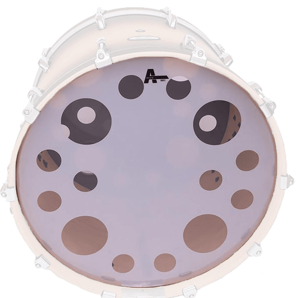 PARCHE 22" PARA BOMBO, CABEZAL DE IMPACTO, DOBLE CAPA DE  10 MIL., TRANSPARENTE / BLANCO CON APAGADOR DE ARMONICOS