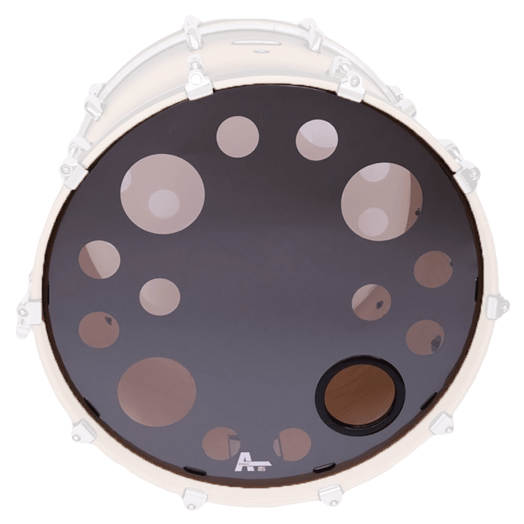 PARCHE 22" PARA BOMBO, CABEZAL FRONTAL, DOBLE CAPA DE 10 MIL., TRANSPARENTE / NEGRO CON APAGADOR DE ARMONICOS