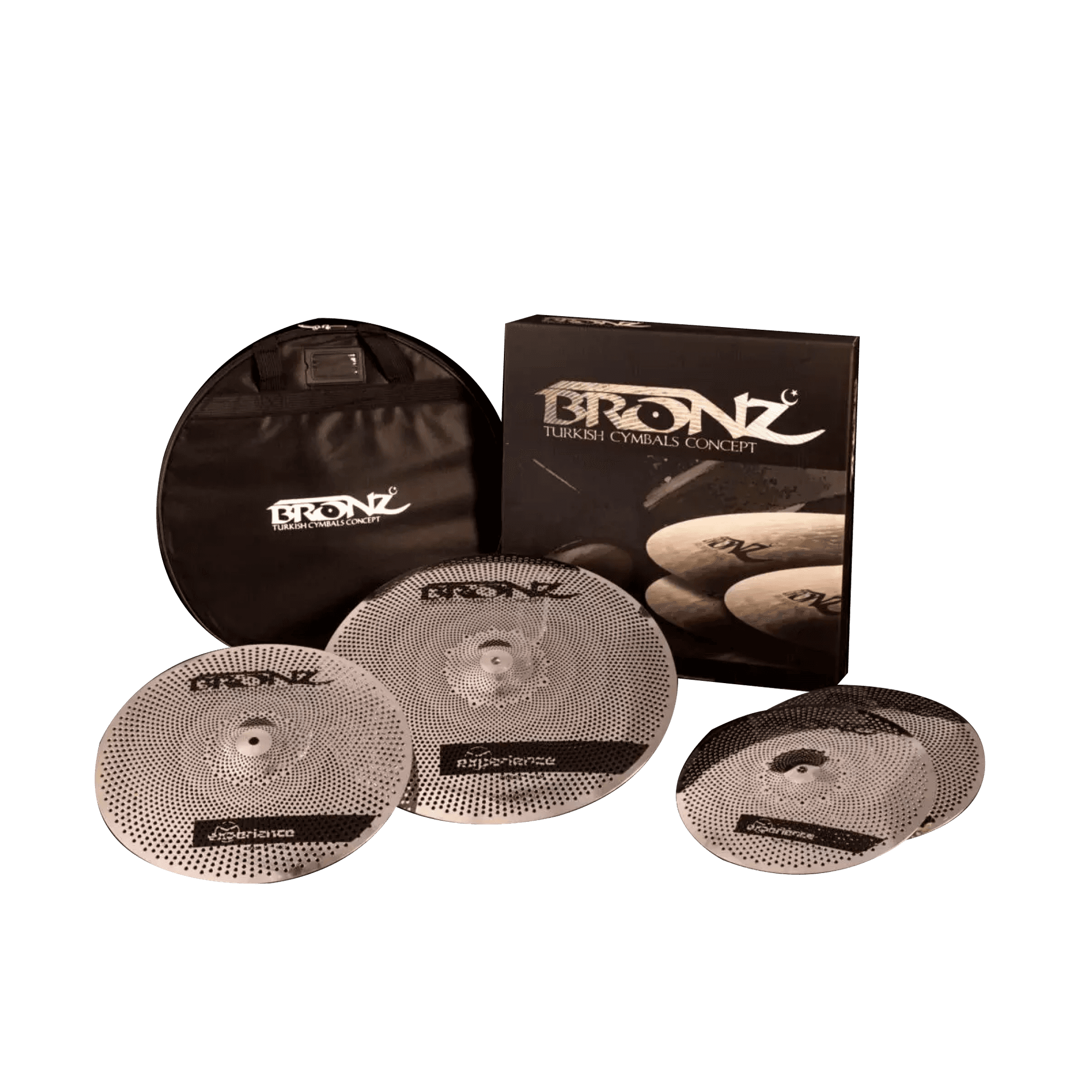 SET DE PLATILLOS SERIE M-EXPERIENCE BAJO VOLUMEN, FORMULA STEEL, INCLUYE HH14", CRASH 16", CRASH 18", RIDE 20"