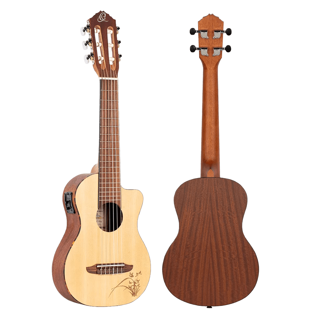 GUITALELE 17", COLOR NATURAL, PREAMP ORTEGA, ACABADO SATINADO, TAPA DE ABETO, FONDO Y AROS DE SAPELI, CUERDAS ORTEGA
