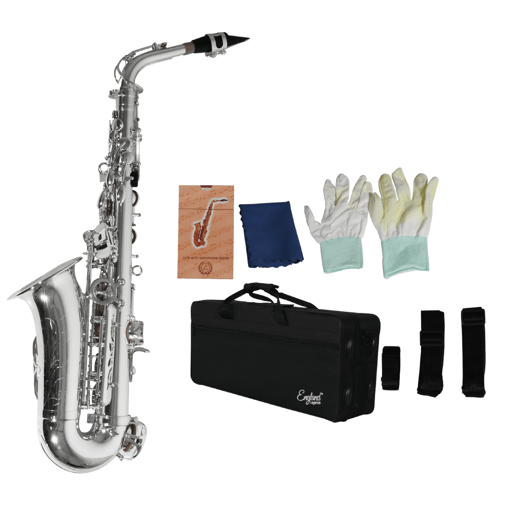 SAXOFON ALTO, ACABADO NIQUEL, INCLUYE ACCESORIOS COMO ESTUCHE,KIT DE LIMPIEZA, CORREA Y GUANTES BLANCOS