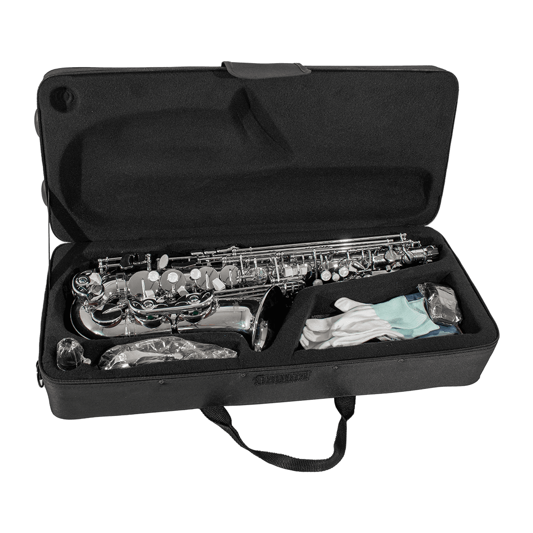 SAXOFON ALTO, ACABADO NIQUEL, INCLUYE ACCESORIOS COMO ESTUCHE,KIT DE LIMPIEZA, CORREA Y GUANTES BLANCOS - Miniatura 6