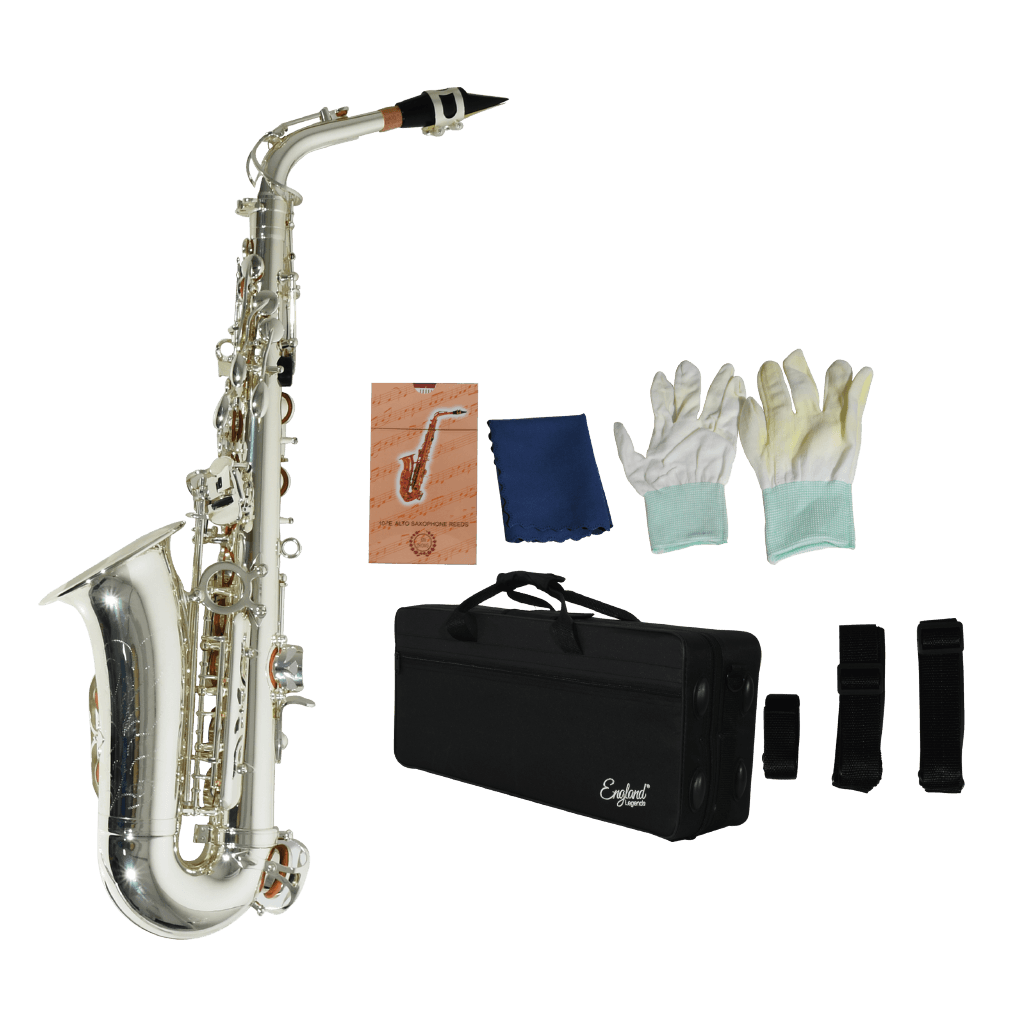 SAXOFON ALTO, ACABADO PLATEADO, INCLUYE ACCESORIOS COMO ESTUCHE,KIT DE LIMPIEZA, CORREA Y GUANTES BLANCOS