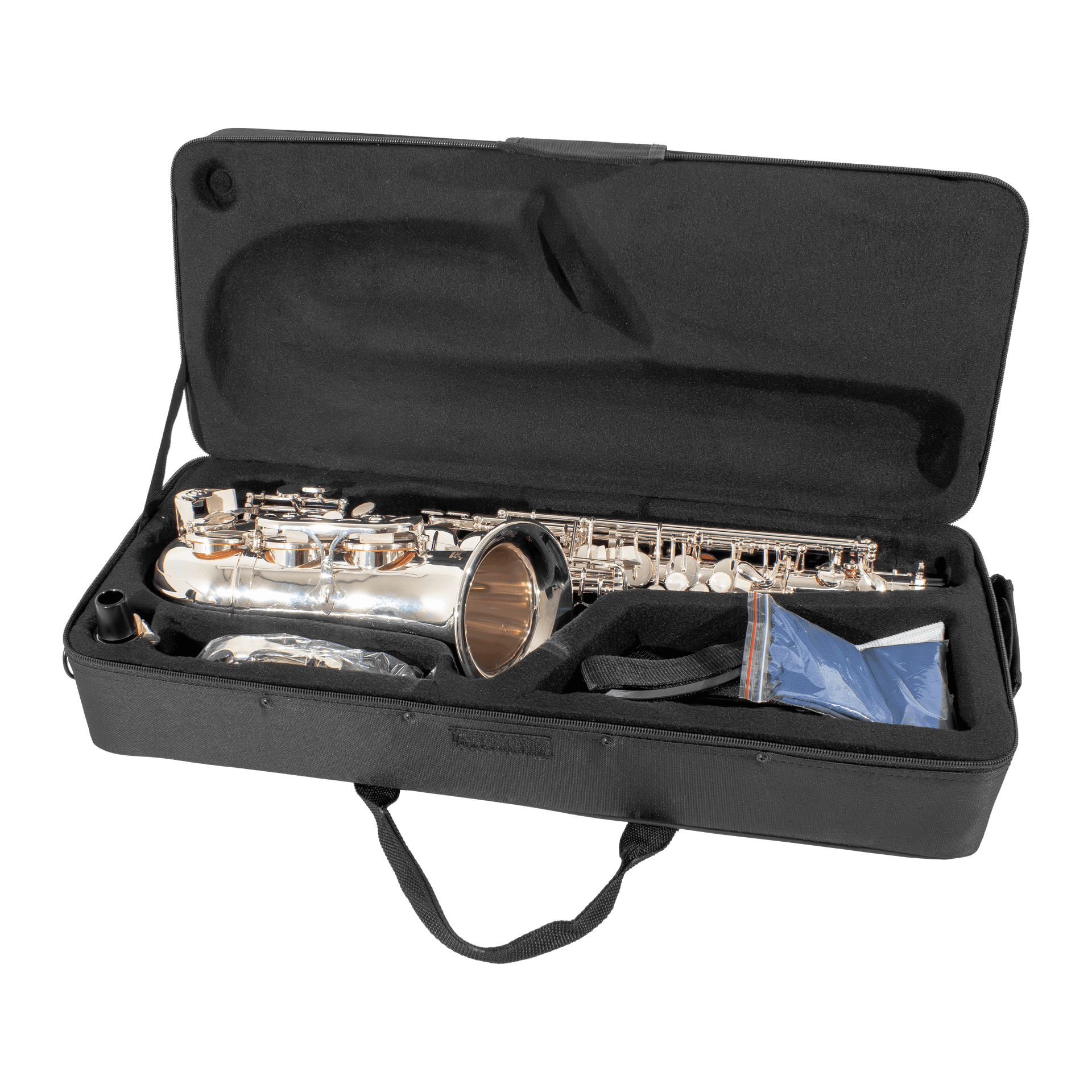 SAXOFON ALTO, ACABADO PLATEADO, INCLUYE ACCESORIOS COMO ESTUCHE,KIT DE LIMPIEZA, CORREA Y GUANTES BLANCOS - Miniatura 6