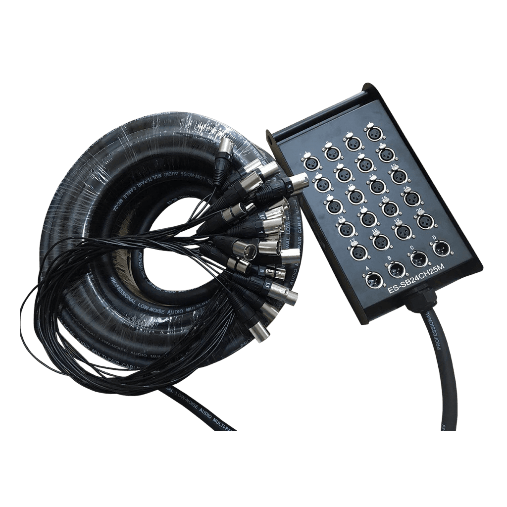 CABLE MEDUSA CON CAJA PARA ESCENARIO, 24 CANALES, (20 HEMBRAS XLR+ 4 MACHO XLR), 25 MTS