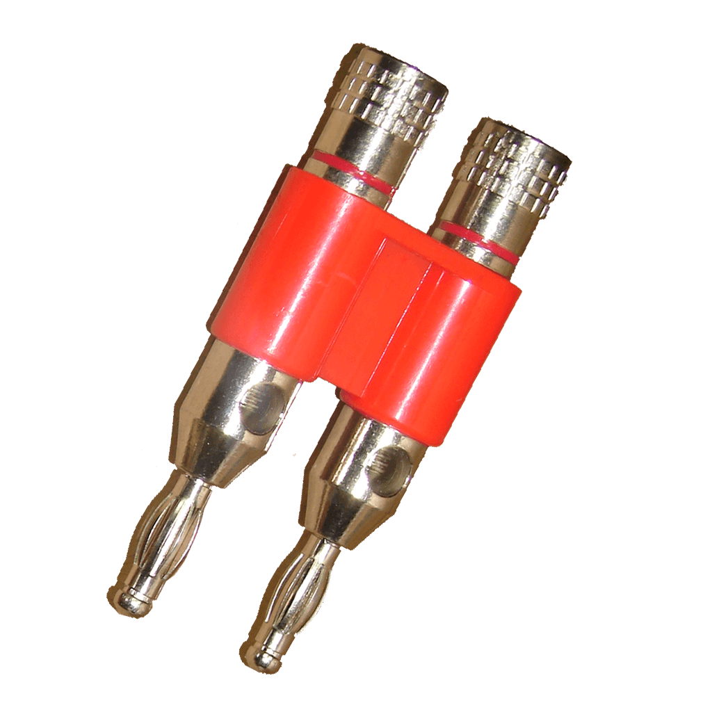 PLUG BANANA DORADO DOBLE, GRUESO, ROJO, PLASTICO