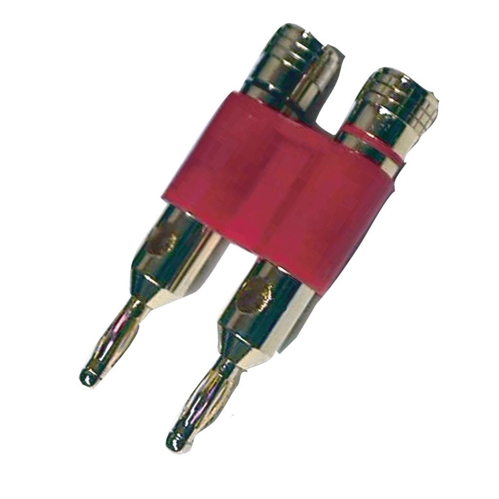 PLUG BANANA DORADO DOBLE, GRUESO, ROJO, PLASTICO