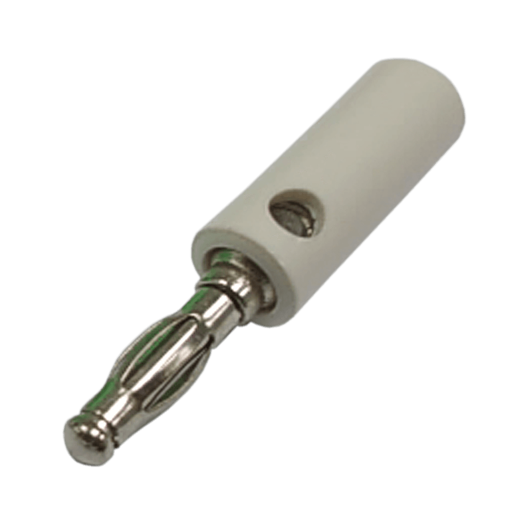 PLUG BANANA PLATEADO, BLANCO, PLASTICO