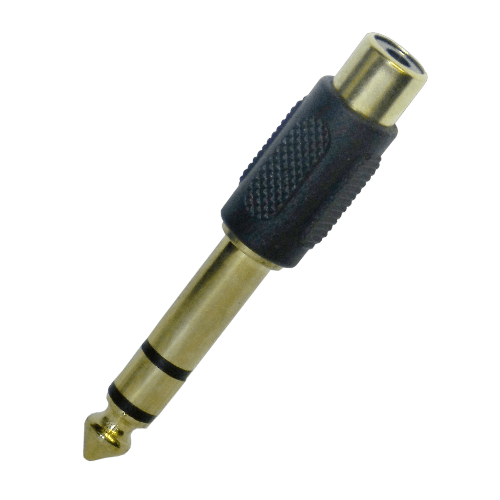 ADAPTADOR JACK RCA A PLUG 6.3MM ESTEREO, DORADO, METALICO