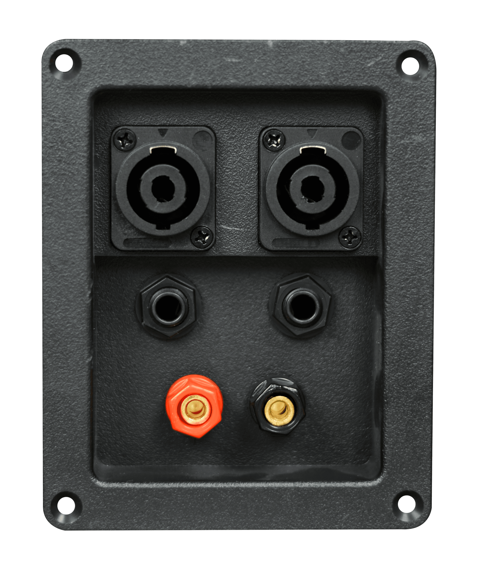 TERMINAL PARA CAJA ACUSTICA 2 JACK 6.3MM, 2 JACK SPEAKON Y 2 JACK BANANA, ROJO/NEGRO, 9.7 X 12.3 CM